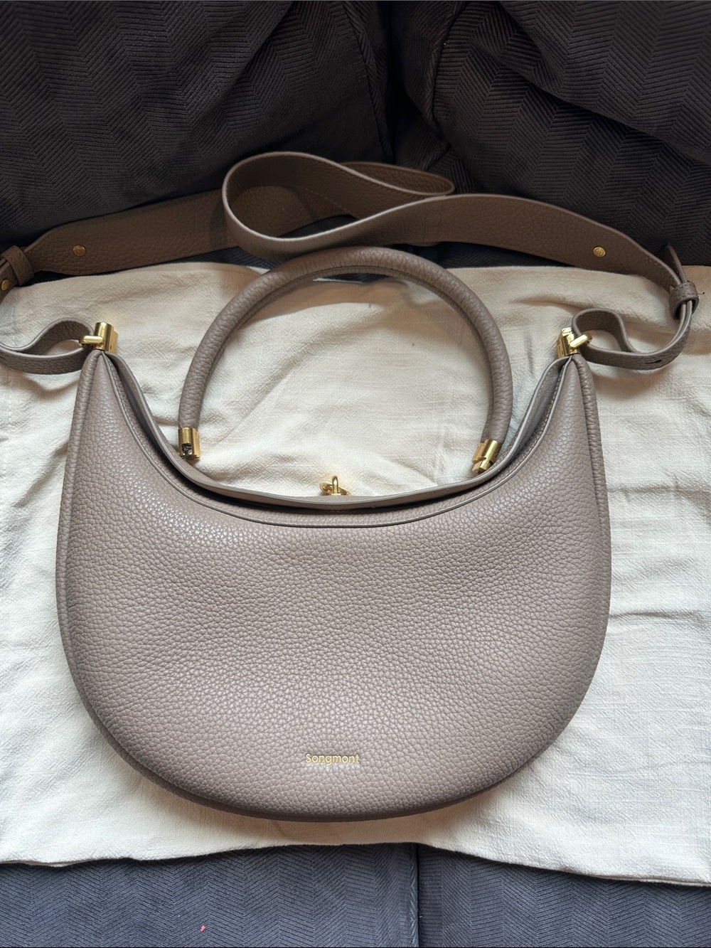Songmont Luna Taupe Crescent Leather Shoulder Bag